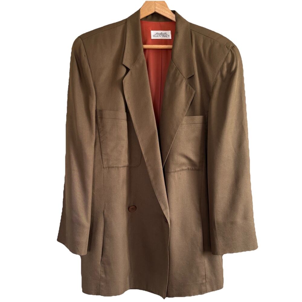 Linda Allard X Ellen Tracy 100% Silk Vintage Tan Double Breasted Blazer Size 8